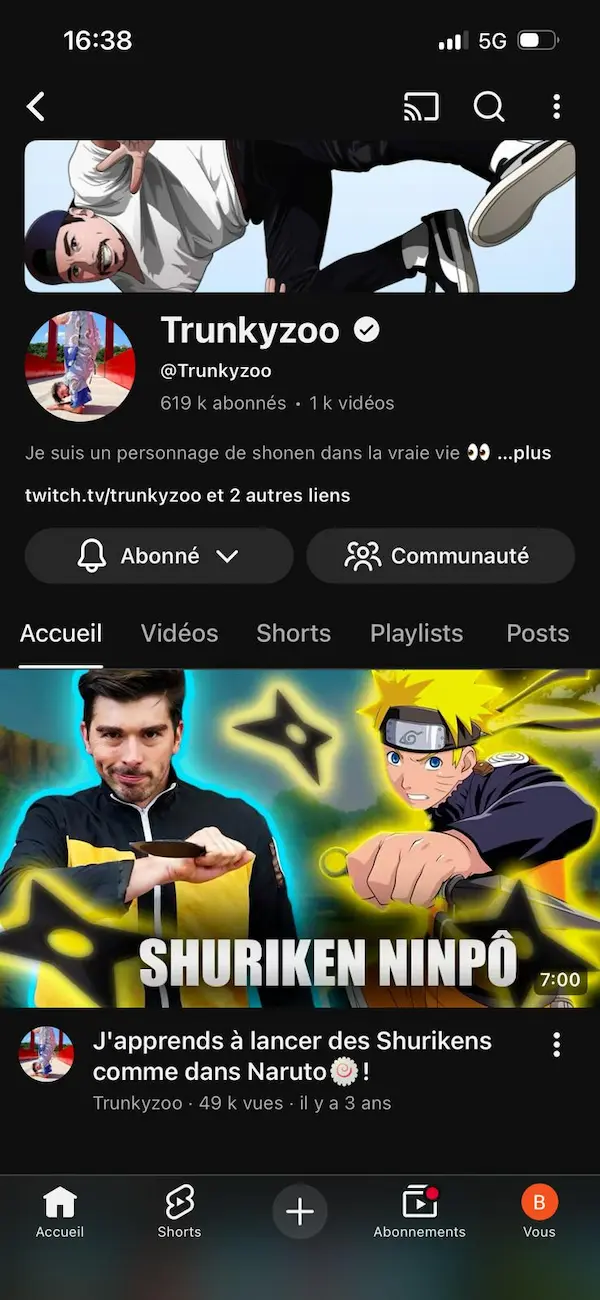Profil YouTube de Trunky avec 619k abonnés